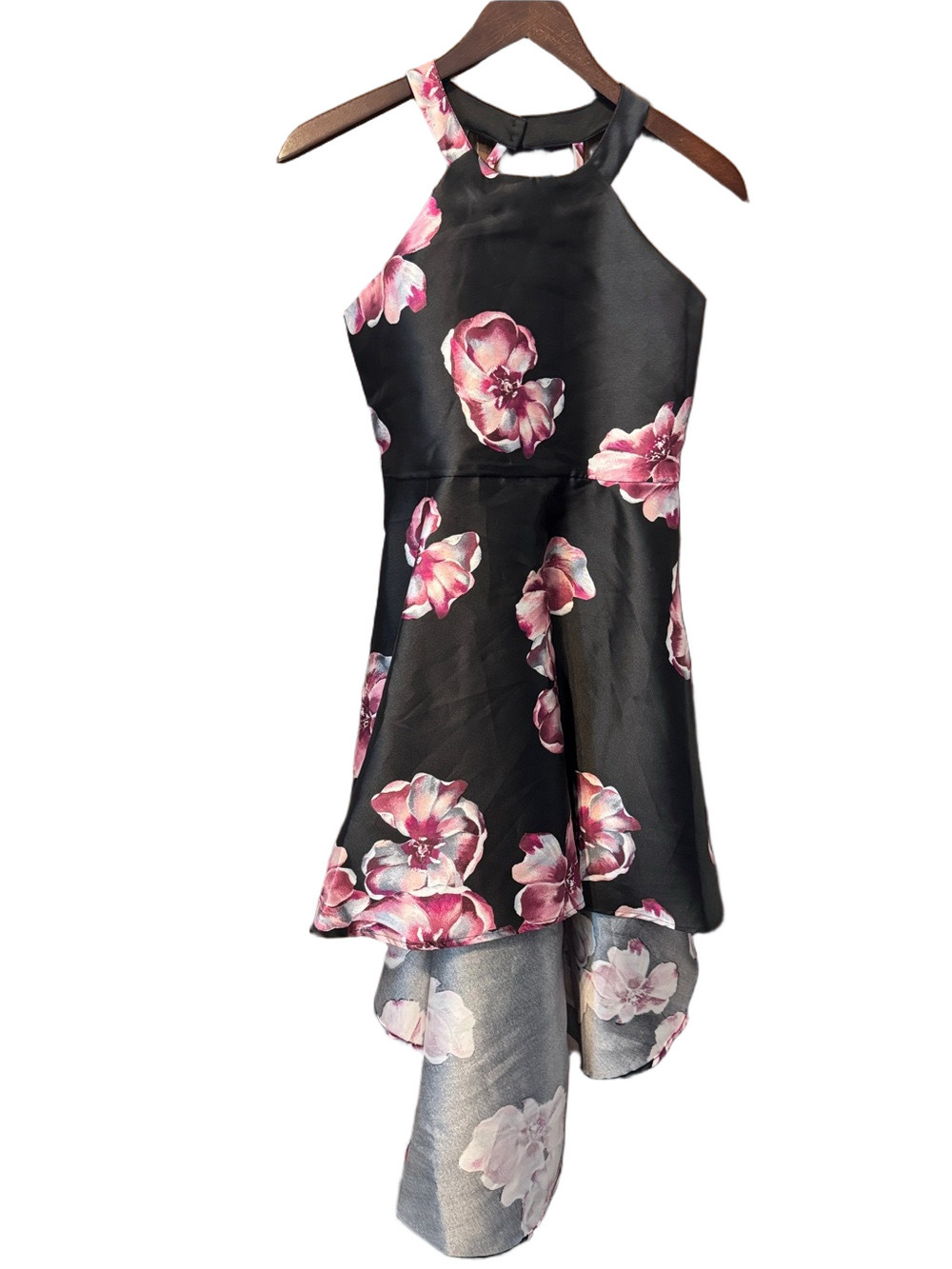 Poppies & Roses Floral Black High-Low Halter Dress with Pink Blooms Size 14 - Picture 2 of 4